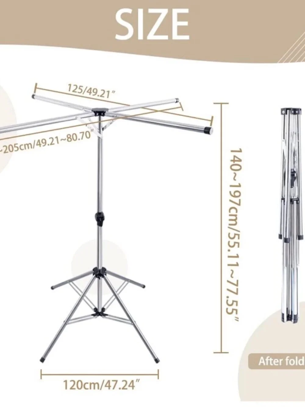 Freestanding, adjustable height tripod clothes drying rack